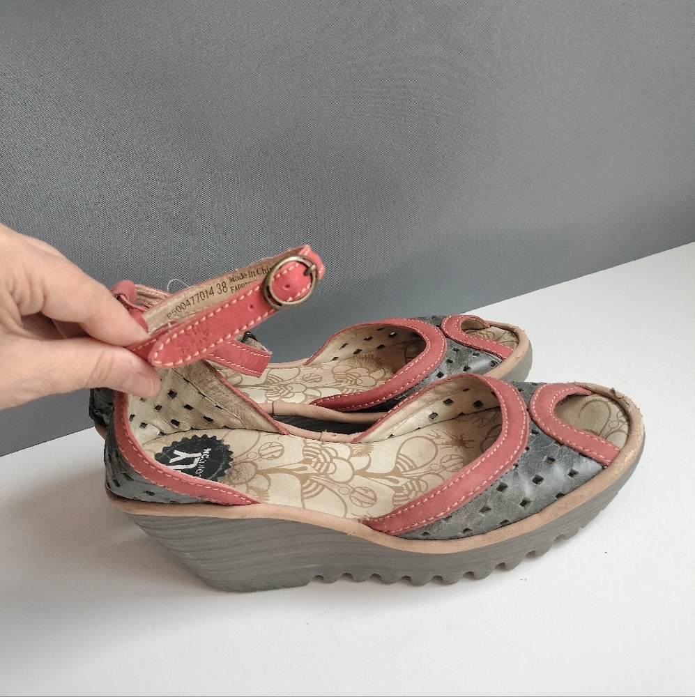 fly london peeptoe wedge platform shoes, ankle strap 7.5m/38, coral and gray